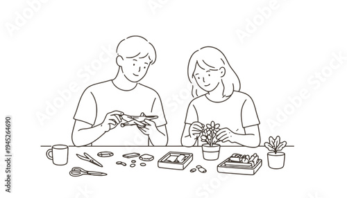 A couple engaged in gardening activities at a table with plants and tools