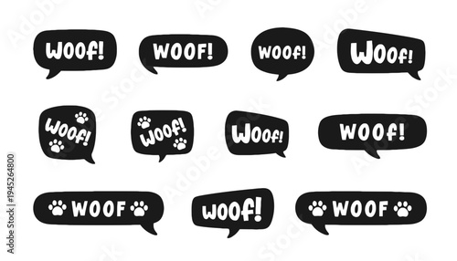 A set of black and white woof speech bubbles with paw prints