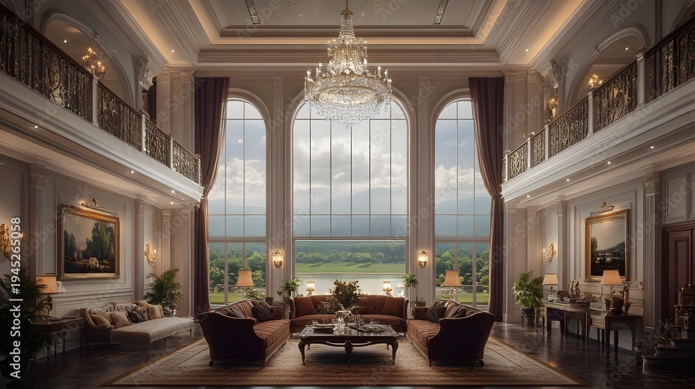 Fototapeta premium Grand interior with large windows and chandelier