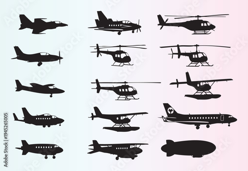 Collection of various aircraft and helicopter silhouettes including jets seaplanes and blimps
