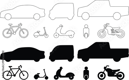 Set of black and white outline and filled vehicle including cars, bicycles, scooters, and motorcycles