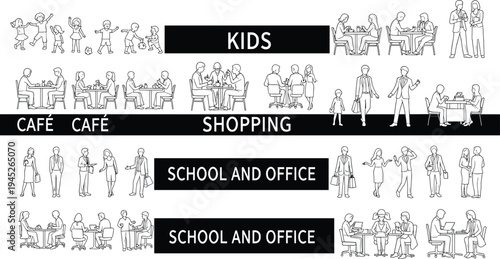 Black and white line of people in various social settings including kids, cafes, shopping, and school and office environments