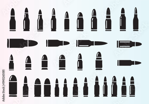 Collection of various bullet cartridges and ammunition types displayed in organized rows