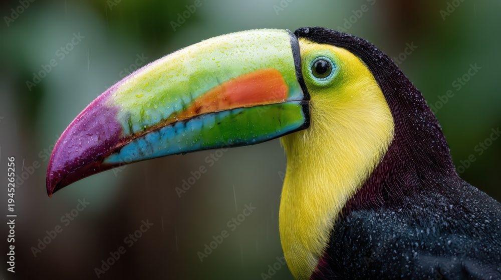 Naklejka premium Colorful toucan perched on a branch in the rain, showcasing its large beak and bright feathers in a tropical forest setting