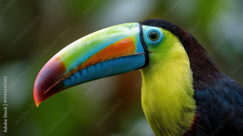 Fototapeta premium Colorful toucan perches in tropical forest during warm afternoon light while searching for food among lush greenery