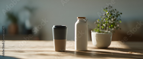 Sustainable lifestyle habits can be promoted on a table by using reusable coffee cups and water bottles.