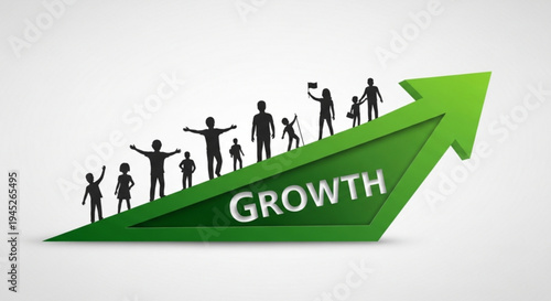 Green arrow with silhouettes of people rising symbolizing growth and progress in a white background