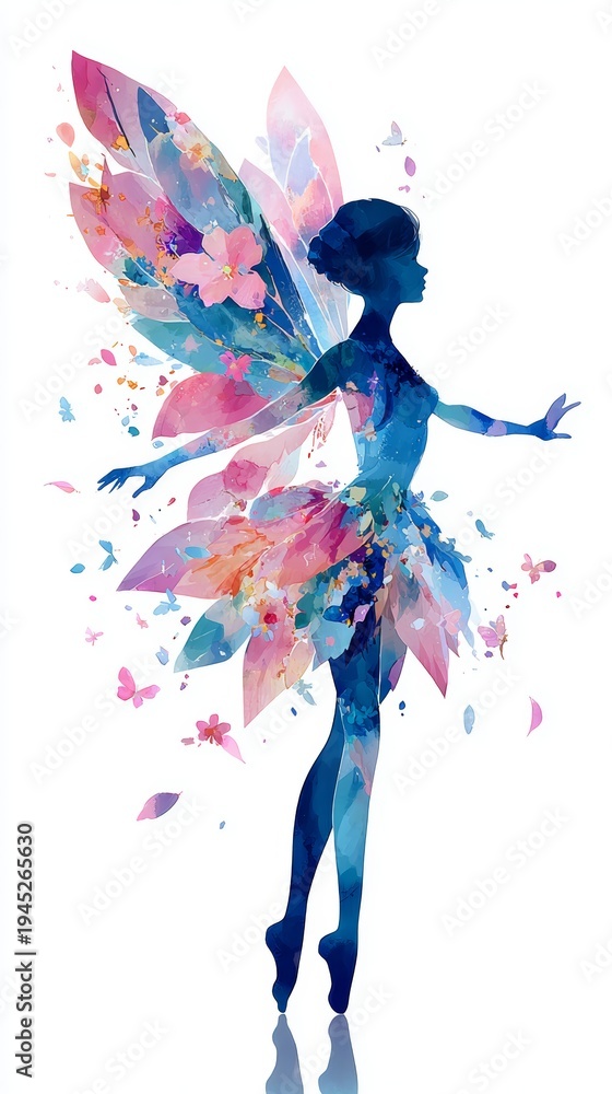 Obraz premium Watercolor artwork depicting a fairy, a butterfly on her hand, leaves, and vibrant feathers