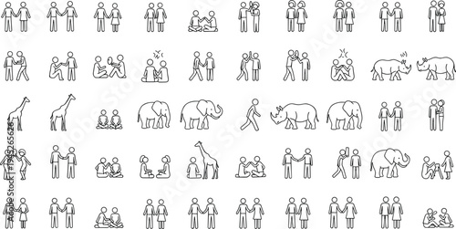 Various line of people and animals in different activities and poses line people giraffe elephant