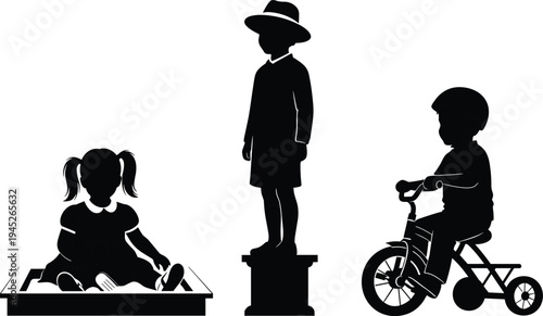 Children activity silhouettes set, kids playing sandbox, standing and riding tricycle, childhood lifestyle vector illustration isolated on white