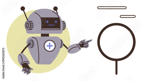 Healthcare innovation, AI technology, medical diagnostics, automation, robotics in medicine, futuristic tools. Robot with a medical cross pointing to a circular diagram. Healthcare innovation and AI