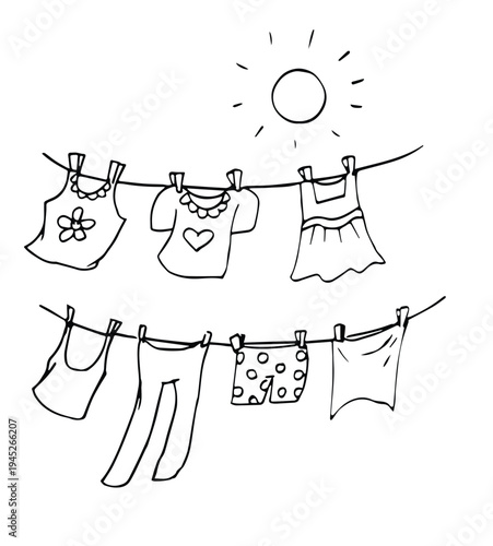 children's clothes hanging on the clothesline hand drawn sketch vector illustration