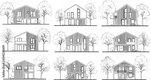Nine different styles of two- story houses with trees in a monochromatic two-story