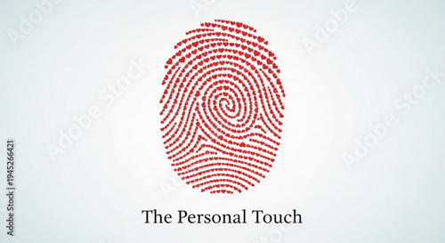 Red fingerprint with personal touch text on white background for identity and uniqueness concepts