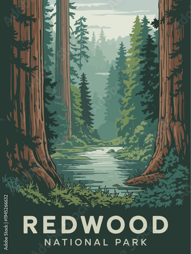 Redwood National Park Poster, Bold White Typography with Retro Forest Illustration, Minimalist Vintage Travel Wall Art