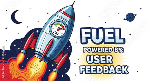 Rocket ship blasting off into space with fuel powered by user feedback