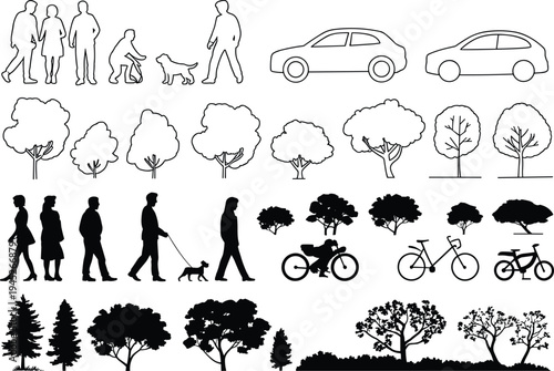 Silhouettes of people walking dogs, riding bicycles, and driving cars with various trees and vehicles in a black and white