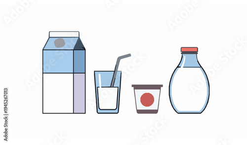 Dairy milk product collection with carton bottle glass and yogurt cup vector illustration isolated on white background