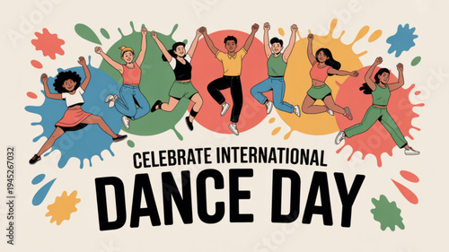 People dancing celebrating international dance day with colorful paint splatters