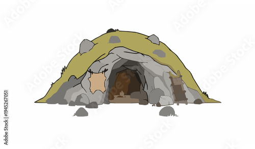 Primitive cave dwelling with stone hill shelter and entrance prehistoric habitat vector illustration isolated on white background