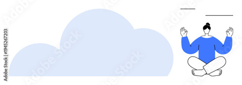 Stress relief, mental clarity, cloud computing, mindfulness, work-life balance, focus. A person meditating next to a large cloud shape. Stress relief and mindfulness concept