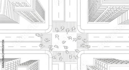 Aerial view of a busy city intersection with pedestrians crossing.