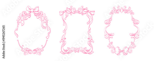 Vintage baroque frame with pink hand drawn bow. Ideal for Victorian style wedding decor, elegant antique inspired decorative border. Vector holiday collection