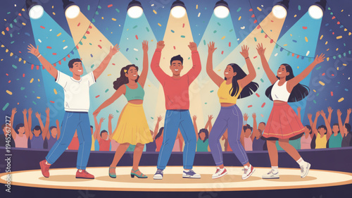 Group of friends dancing on stage with confetti and spotlights at a lively party celebration