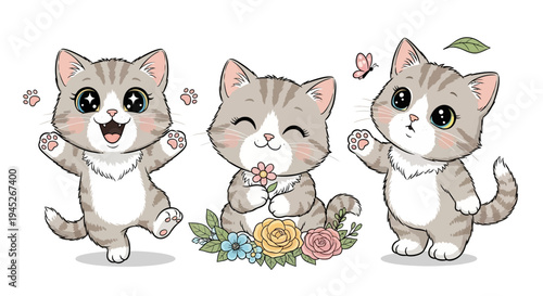 Three adorable cartoon kittens playing with flowers and a butterfly, expressing joy and cuteness.