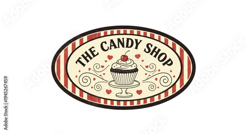 Retro Candy Shop Sign with Cupcake Illustration.