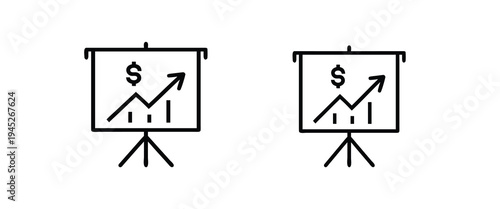 Financial growth chart on presentation board outline icon featuring business profit arrow, data analysis report, dollar success marketing more vector illustration or editable stroke.