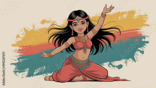 Beautiful young woman in traditional belly dance costume performing on colorful background with vibrant brush strokes