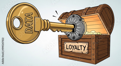 Golden key unlocking treasure chest labeled loyalty with data on key symbolizing customer loyalty and data security
