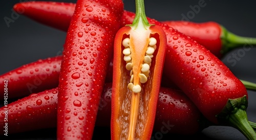 Fresh red chili peppers with water droplets on a dark background, one pepper sliced open showing seeds