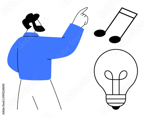Creativity concept. A man points towards musical notes and a light bulb creativity, ideas, and innovation. Creativity is vital for art, design, innovation, education, and brainstorming