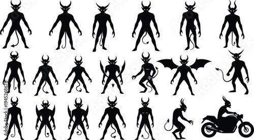 Black and white silhouettes of various demon characters and devil monsters including a creature riding a motorcycle, hellish vector icons