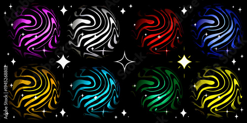 Colorful swirling egg shaped objects with sparkling star like effects