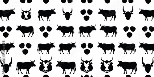 Seamless pattern of black silhouettes depicting various cow profiles and heads