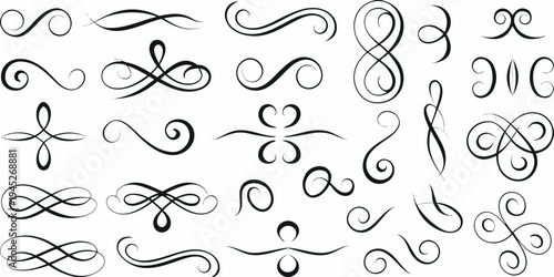 Collection of elegant black flourishes and ornamental swirls on white