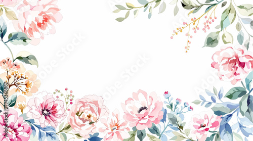 Tender watercolor wildflowers surrounding a luminous invitation background