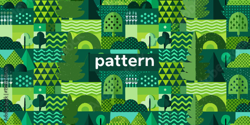 A colorful pattern featuring trees hills and geometric shapes