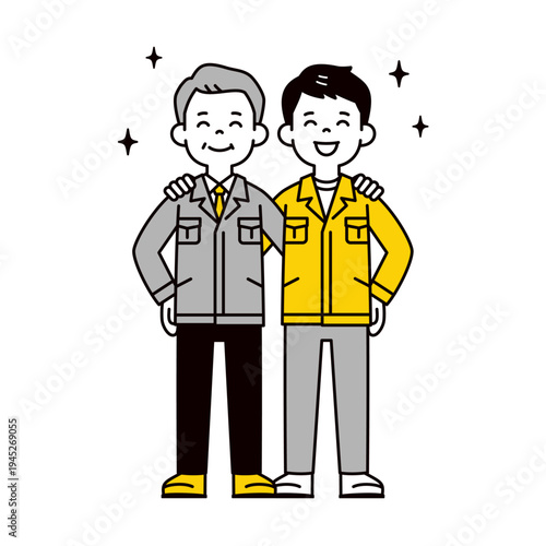 笑顔で肩を組む、作業服の社長・経営者と若い男性作業員のシンプルな全身ベクターイラスト素材