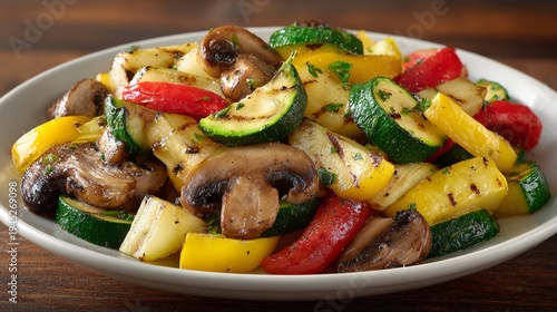 A selection of grilled vegetables—mushrooms, zucchini, and bell peppers—seasoned with herbs, creating a vibrant mix that highlights their natural sweetness and smoky char