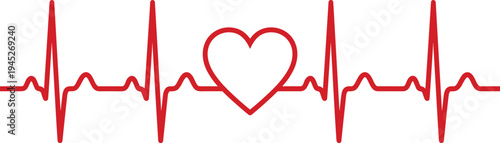 Red ECG heartbeat line with heart symbol, cardiology pulse waveform illustration representing love health medical monitoring and cardiac care concept