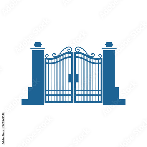 Blue Metal Gate with Pillars and Ornate Details, Closed Entrance