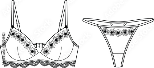 Women floral lingerie set vector illustration, bra and thong underwear with daisy flower embroidery lace trim fashion technical drawingWomen floral lingerie set vector illustration, bra and thong unde