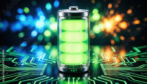 A glowing green battery sitting on a digital circuit board with colorful bokeh lights background.