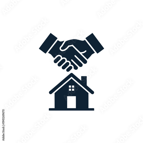 Hands Shaking Above Simple House Icon, Symbolizing Real Estate Agreement or Partnership