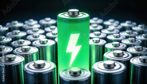 Close up of a large green battery with a lightning bolt symbol among many smaller grey batteries.