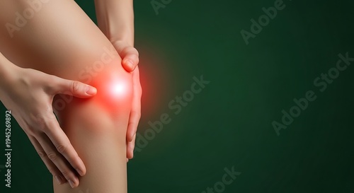 Womans knee with highlighted pain area, indicating injury or inflammation, medical concept.